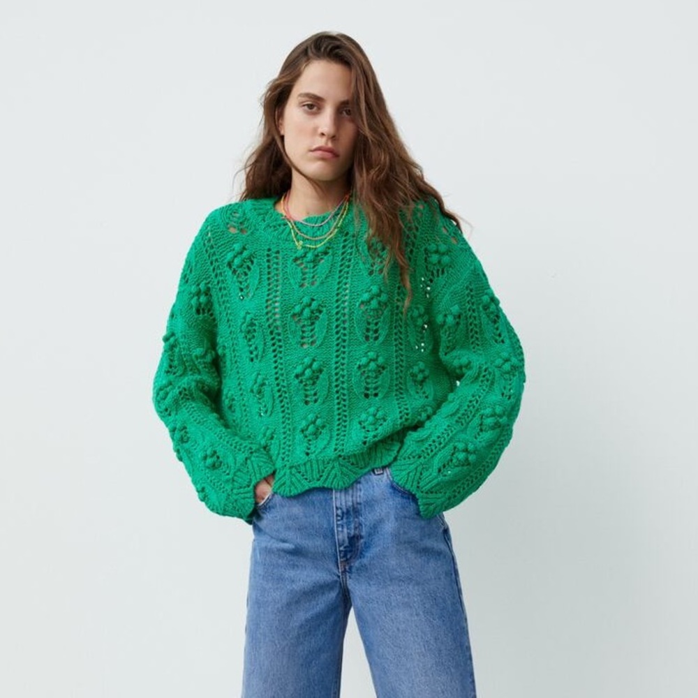 Zara Green Knit Pom Pom Sweater